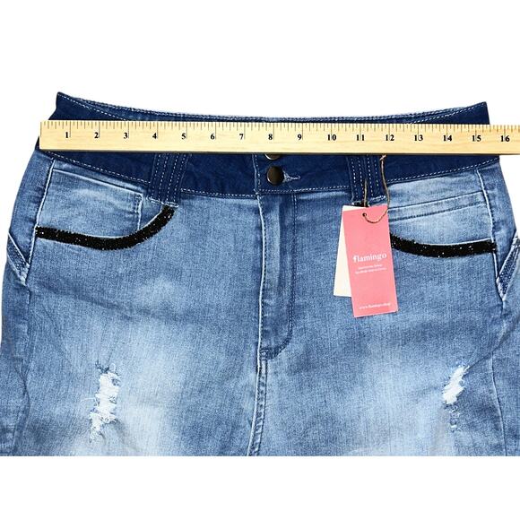 NWT Flamingals Ripped Roll Hem High-Rise Skinny Jeans Women's XL 32X30 - Picture 3 of 8